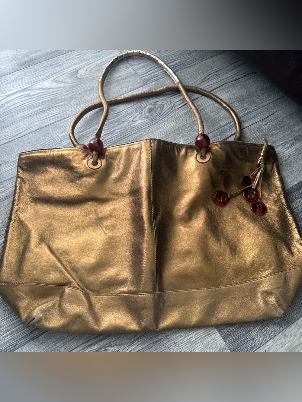 FRANCES PATIKY STEIN Metallic Gold Leather Tote Bag with Decorative Charms